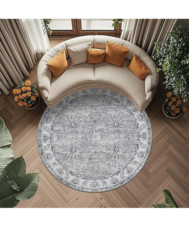 jinchan Fiora Round Rug 6ft Area Rug - Grey Vintage Floor Mat Indoor Ultra-Thin Soft Floral Print - Washable Circle 6' Retro Accent for Farmhouse Non Slip Dining Room Living Room Bedroom Office