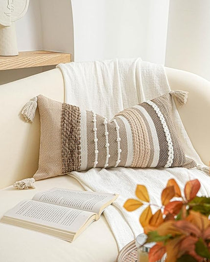 BlissBlush Decorative Lumbar Throw Pillow Cover 14x24 Boho Brown Accent Cushion for Couch Sofa Farmhouse Pillowcase for Bedroom Living Room Home Décor Cover ONLY