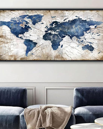 World Map Canvas Wall Art Navy World Maps for Wall Vintage Modern Wall Art for Office Framed Pictures for Living Room Bedroom Wall Decoration for Home Office Decor Artwork for Walls