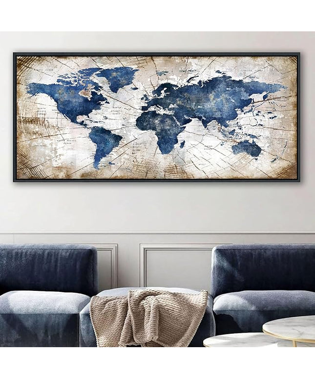 World Map Canvas Wall Art Navy World Maps for Wall Vintage Modern Wall Art for Office Framed Pictures for Living Room Bedroom Wall Decoration for Home Office Decor Artwork for Walls