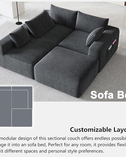 108”Modern Modular L-Shape Couch with Chaise, Modular Sectional Couches for Living Room, Deep Seat Boneless Sofa Bed, No Assembly Required Sleeper Sofa, Plush Corduroy Fabric, Dark Gray