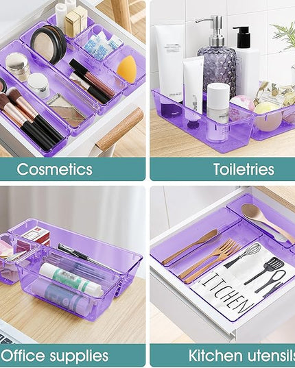 WOWBOX 25 PCS Plastic Drawer Organizer Set, Desk Drawer Divider Organizers and Storage Bins for Makeup, Jewelry, Gadgets for Kitchen, Bedroom, Bathroom, Office, Clear Purple