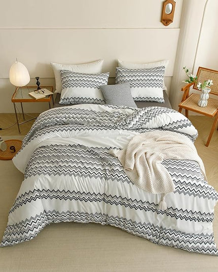 Houseri Black and White Boho Comforter Set Queen Black Wave Farmhouse Bedding Sets Queen Size Women Men Artistic Stripes Geometric Bed Set Soft Comfy Lightweight Quilt Blanket Queen
