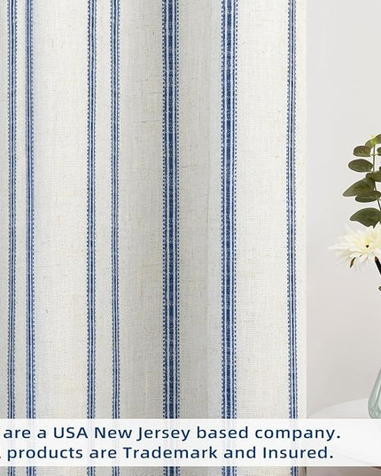 DriftAway Farmhouse Linen Blend Blackout Curtains 45 Inches Long for Bedroom Vertical Striped Printed Grommet Curtains Thermal Insulated Lined Treatments for Living Room 2 Panels W52 x L45 Navy