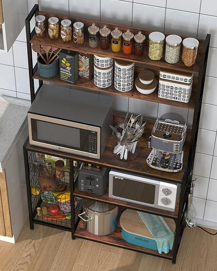 Baker Rack with Power Outlet,5-Tier Kitchen Utility Storage Shelf with Hooks,Microwave Oven Stand with Storage,Kitchen Shelf with Basket，Rustic Brown