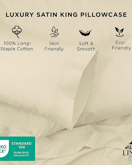 Linen Home 500 Thread Count King Pillowcase Set | 100% Long-Staple Cotton Pillow Cases | Soft & Smooth Luxury Satin Set of 2 Pillowcases | 4 Inch Z Hem | Ivory