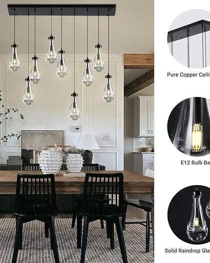 Raindrop 9-Light Chandelier for Dining Room, Black Rectangular Teardrop Pendant Lights with Hand-Blown Glass, Adjustable 138" Ropes, Light Fixture Over Table, Kitchen Island, Entryway, Foyer