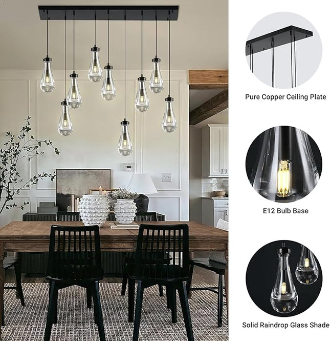 Raindrop 9-Light Chandelier for Dining Room, Black Rectangular Teardrop Pendant Lights with Hand-Blown Glass, Adjustable 138" Ropes, Light Fixture Over Table, Kitchen Island, Entryway, Foyer