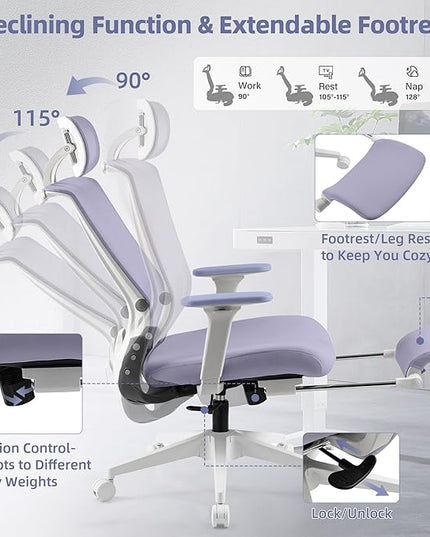 Foldable Office Chair with Foot Rest, Ergonomic Office Chair with Adjustable Lumbar Support, Headrest, Armrest, Home Office Desk Chair for Space Saving, Work from Home, Purple
