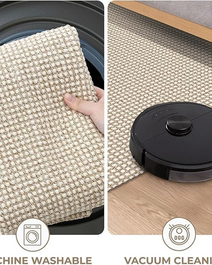 KOZYFLY Runners for Hallways 2x6 ft Washable Kitchen Runner Non Slip Rubber Backed Hall Runners Cotton Entryway Runner Rugs Floor Carpet for Indoor Backdoor Bedroom Kitchen, Ivory/Khaki