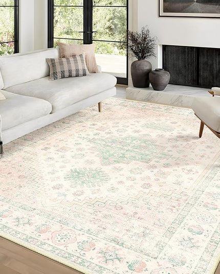 MUJOO 6x9 Area Rugs Washable,Boho Rugs for Living Room Bedroom Dining Room,Large Non Slip Throw Carpet Indoor,Low Pile Light Pink and Green