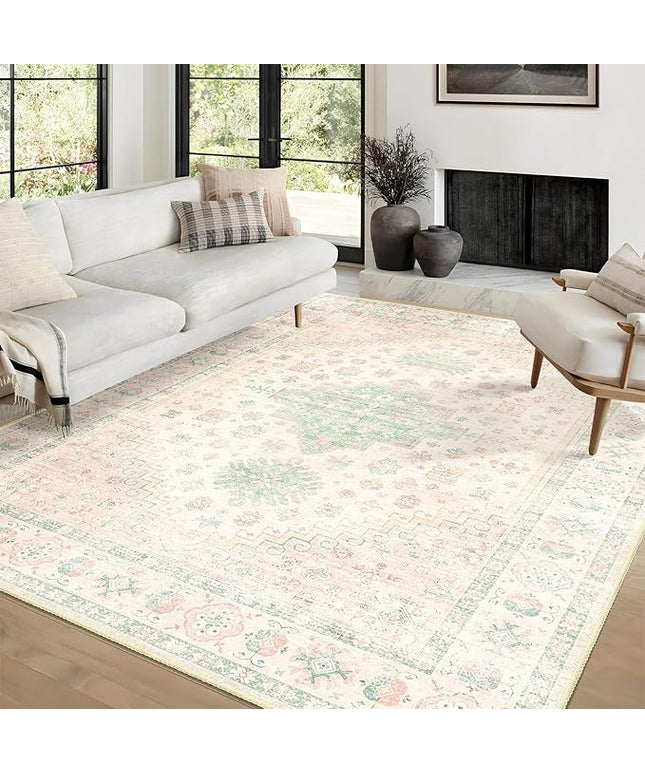 MUJOO 6x9 Area Rugs Washable,Boho Rugs for Living Room Bedroom Dining Room,Large Non Slip Throw Carpet Indoor,Low Pile Light Pink and Green