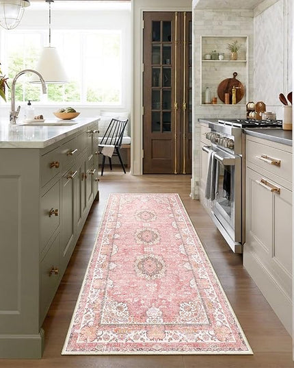 Washable Runner Rug 2'x6',Pink Rug Runners Non Slip,Long Boho Rugs for Hallways Kitchen Bathroom Bedroom Entryway,Vintage Bohemian Distressed Floor Carpet,Blush Floral Flowers