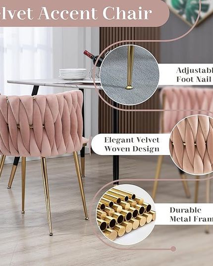Gold Glass Round Dining Table Set for 4, 39'' Clear Dinner Table Set, 5 PCS Modern Circle Kitchen Table and Pink Woven Chairs Set, Luxury Circular Dinette Set, for Small Apartment Home