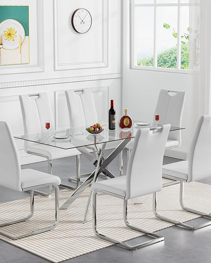 HomVent 7 Pieces Rectangular Glass Dining Table Set, Glass Kitchen Table Set for 6 Dinner Table Set with 6 PU Dining Chairs for Kitchen Dining Room