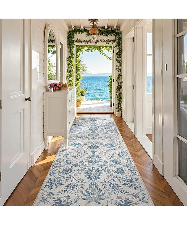 jinchan Torino Runner Rugs 3x10, Vintage-Inspired Floral Design Machine Washable Non-Slip Ultra-Thin Low-Pile Rubber Backing Traditional Rug for Kitchen Hallway Laundry Room Entryway Dark Blue