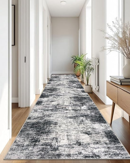 IOHOUZE Abstract Runner Rug 3x16 Ft Long Washable Runners for Hallways, Non Slip Kitchen Runner Printed Faux Wool Entryway Runner Indoor, Modern Abstract Floor Carpet for Hall Stair, Black Grey