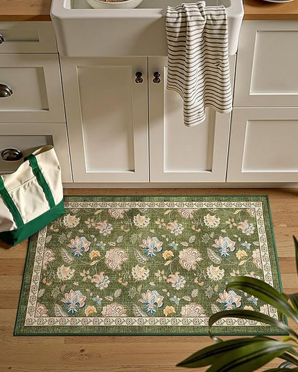 jinchan Elora 2x3 Floral Rug for Entryway Washable Rug Vintage Romance Design Christmas Small Mat Non Slip Indoor Doormat Lightweight Low-Profile Throw Carpet for Entrance Bathroom Laundry, Green