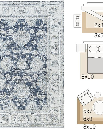 jinchan Fiora Floral 2x3 Rug for Entryway - Vintage Washable Small Non-Slip Distressed Indoor Doormat Ultra-Thin Low-Pile Accent Rug for Entrance Kitchen Bedroom Bathroom (2x3ft, Dark Blue)