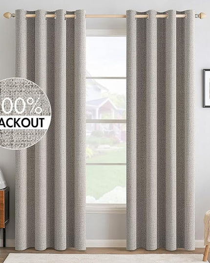 MIULEE 100% Blackout Linen Textured Curtains for Bedroom Solid Thermal Insulated Warm Taupe Grommet Room Darkening Curtains & Drapes Luxury Decor for Living Room Nursery 52 x 90 Inch (2 Panels)