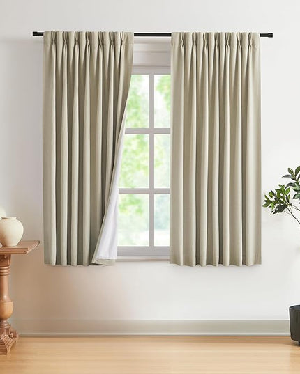 Vision Home Sand Pinch Pleated Full Blackout Curtains Linen Blended Room Darkening Window Curtains 72 inch for Living Room Bedroom Thermal Insulated Pinch Pleat Drapes with Hooks 2 Panel 40" Wx72 L