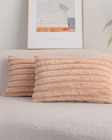 DEELAND Pack of 2,Double-Sided Faux Fur Plush Decorative Throw Pillow Covers Fuzzy Striped Soft Pillowcase Cushion Covers for Sofa Couch Bedroom