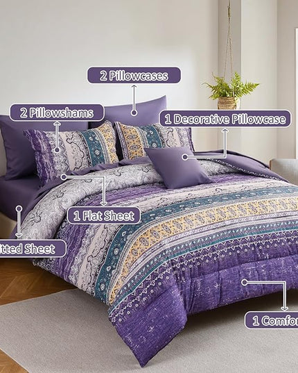Cottolester Boho Comforter Set California King Size 8 Pieces,Violet Bohemian Striped Bed in a Bag, Paisley Soft Microfiber Bedding Comforter Set
