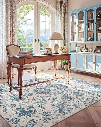 jinchan Torino Floral 5x7 Area Rugs, Vintage-Inspired Design Accent Rug, Machine Washable Ultra-Thin Low-Pile Non-Slip Traditional Carpet for Living Room Bedroom Dining Room Home Office, Turquoise