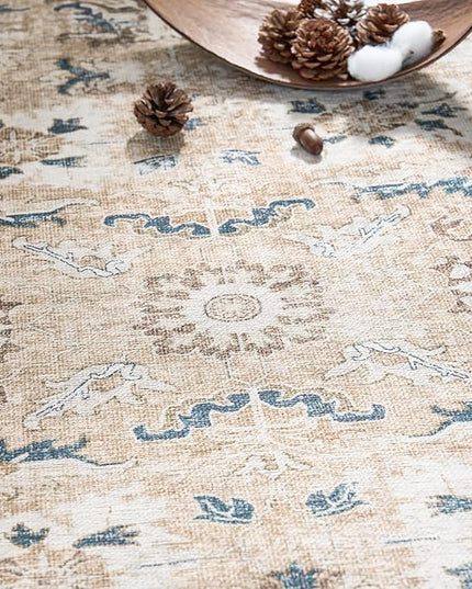 jinchan Round Rug 7ft Area Rug - Washable Boho Vintage Floral Circle 7' Round Floor Cover Lightweight Low Pile Thin Throw Non-Slip Carpet for Kitchen Living Room Bedroom Dining Room Office Pink Blush