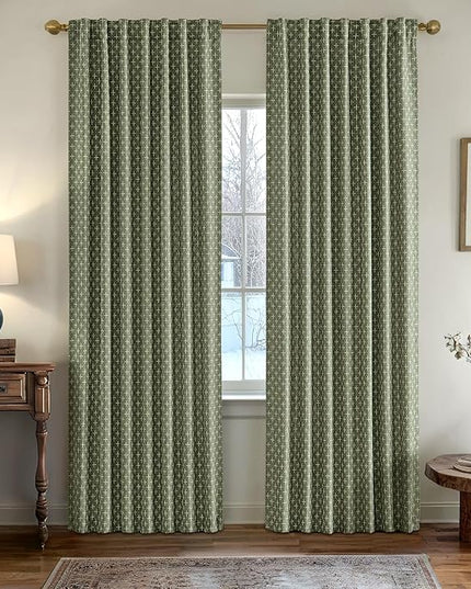 MIULEE Decorative Back Tab Linen Curtains with Geometric Pattern for Living Room Bedroom Farmhouse Rustic Thick Woven Textured Patterned Mudcloth Drapes 72 Inches Long 2 Panels Set, Olive Green