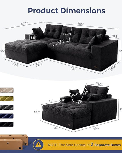 MAXYOYO Sectional Sofa Couch and Chaise Lounge, L Shaped Modern Cloud Couch with Ottoman, Comfy Sofa with Layered Cushion, Tufted Upholstered Sleeper Chair for Living Room, No Assembly Required