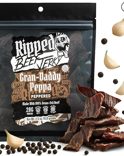 Ripped Beef Jerky - 100% Grass Fed Beef, 20g Protein, Real Ingredients, Gluten Free, No MSG, Made in USA (Pack of 3, Peppered)