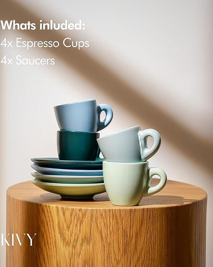 KIVY Espresso Cups Set of 4 [Set 4x 3oz]- Espresso Set Thick Walled Stoneware Espresso Cup Set - Italian Style Espresso Cups and Saucers - Coffee Mugs - Pastell Green, Blue