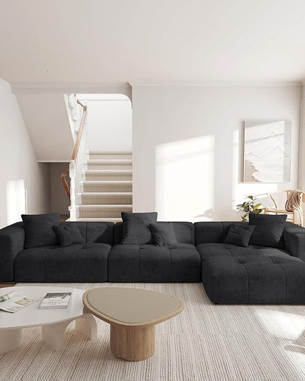 JACH 144.1 Inch L-Shaped Modular Sofas, Modern 3-Seater Couch with Chaise Ottoman, Mid Century Modern Sectional Couches, Cozy Sleeper Sofa for Apartment/Living Room (Linen Fabric, Black)