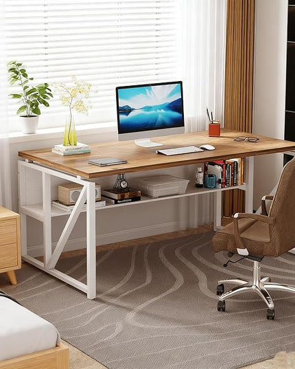 Tribesigns 63 inches Computer Desk with Bottom Storage Shelf Home Office Desk Writing Table for Workstation,Dark Walnut + Steel Leg， Cabinet not Included (Light Walnut, 63-inch-with Shelf)