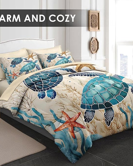 Comforter Set King Size, Ocean Coral Sea Turtle 7 Pcs Bedding for Kids and Adults, Blue Shell Animal Bed Sheet Sets with Fitted Sheet 2 Pillowcases & 2 Shams for Bedroom Bed Decor