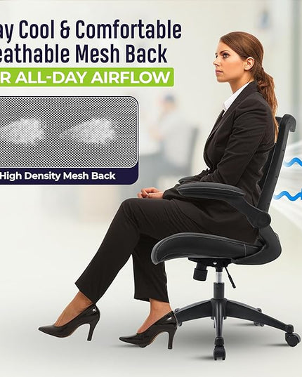 OfficeFactor Office Desk Chair, 300 lb Capacity Adjustable Desk Chair, Flip-Up Armrests, Non-Scratch Wheels, Mesh Back, Comfortable Bonded Leather seat (Black)