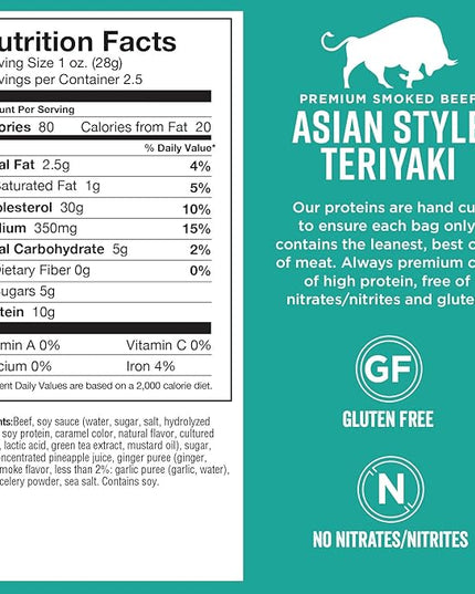 Chef's Cut Beef Jerky Meat, Teriyaki (2.5 Ounce Bags, Pack of 4) - High Protein, 10g Protein, 80 Calories, Gluten-Free, Premium Lean Smoked Beef, Keto Friendly Snack, Low Carb Snack