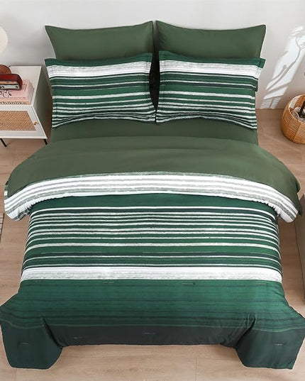 KAKIJUMN 7 Piece Bed in a Bag Stripe Comforter Set King Size, White Grey Green Patchwork Striped Comforter and Sheet Set, All Season Soft Microfiber Complete Bedding Sets(Dark Green,King)