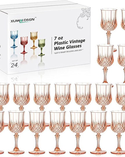 XUWAIDSGN 24 Pcs 7oz Plastic Vintage Wine Glasses Drinking Glasses Unbreakable Wedding Glassware Crystal Water Goblets Reusable Drinkware Vintage Champagne Flutes (24, Pink)
