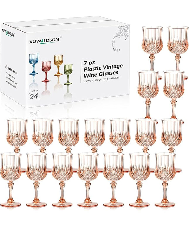 XUWAIDSGN 24 Pcs 7oz Plastic Vintage Wine Glasses Drinking Glasses Unbreakable Wedding Glassware Crystal Water Goblets Reusable Drinkware Vintage Champagne Flutes (24, Pink)
