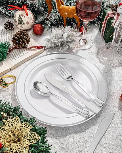 bUCLA 100Pieces Silver Plastic Plates - 10.25inch Silver Rim Disposable Dinner Plates - Ideal for Weddings, Parties