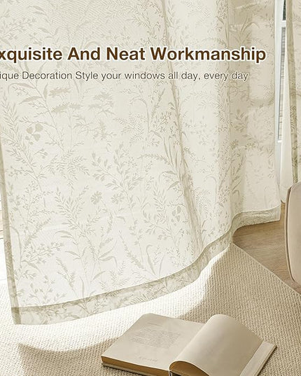 Anmao Beige Semi Sheer Light Filtering Extra Long Curtains 2 Panels, Leaf Pattern Drapes for Living Room Bedroom, Rod Pocket Sheer Window Treatments with Floral Design, 52x108 Inch