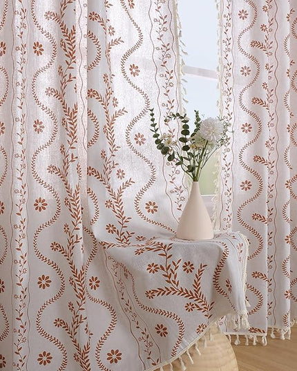 Boho Curtains 96 Inch Length Linen Curtains for Living Room, Vintage Farmhouse Printed Floral Curtain Rustic Curtain Drapes Terracotta & Lvory