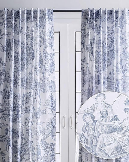 Maison d' Hermine Curtains for living room 100% Cotton 84 inch length Two Panels Light Filtering Toile Curtains for Bedroom with rod and loop Pockets (The Miller Blue (White Background), 50"W x 84"L)