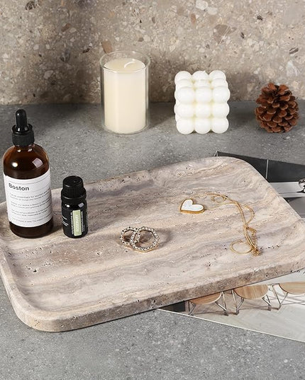 Marble Vanity Trays, Travertine Bathroom Tray, Decorative Tray for Dresser Countertop, Grey Stone Serving Holder for Kitchen, Storage Trays for Perfume, Jewelry Candle Organizer