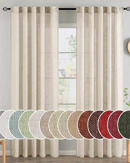 MIULEE Beige Linen Curtains 84 Inch Length 2 Panels for Bedroom Living Room, Soft Linen Textured Window Drapes Semi Sheer Light Filtering Back Tab Rod Pocket Farmhouse Modern Burlap Look Decor