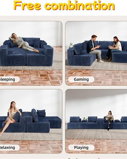 132" U Shaped Boneless Couch, Cloud Sectional Modular Sofa with Double Chaise Lounge, Corduroy Cloud Couch with Pillows & Deep Seat, Boneless Sofa for Living Room, Blue