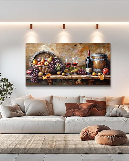 XIGUANGART Kitchen Wall Art Grape Barrel Painting Red Wine Glass Fruit Artwork Prints for Dinning Room Bar Canvas Wall Decor for Living Room Food Still Life Abstract Picture Home Decoration 20x40IN