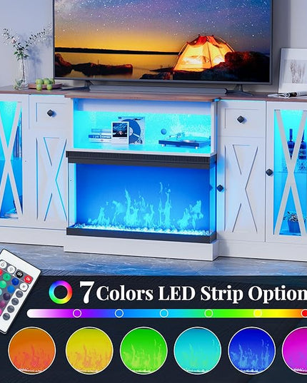 3-Sided Glass Farmhouse Electric Fireplace TV Stand, Farmhouse Entertainment Center with 36" Fireplace & LED Lights, 70'' Large TV Stands with with Glass Door Storage Cabinet (Farmhouse White)
